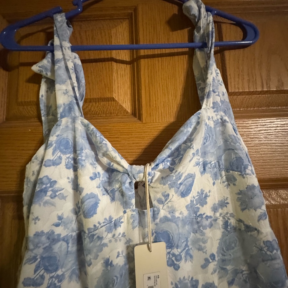 Altar'd State Blue and White Floral Tiered Maxi Dress with Tie Straps - Picture 9 of 14
